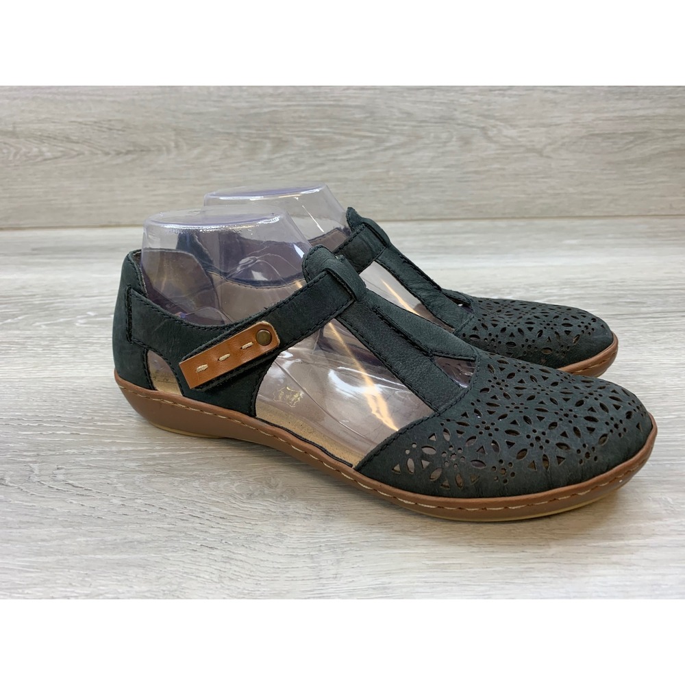 Rieker Women's Black Leather T-Strap Mary Jane Flats 8.5 Comfort Casual Shoes